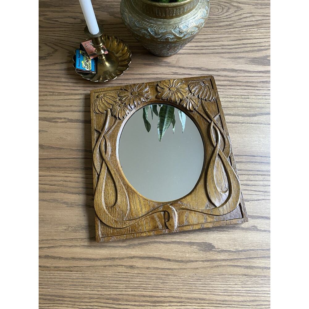 Vintage 1970s Floral Carved Wood Mirror 14x12 Art Nouveau Style